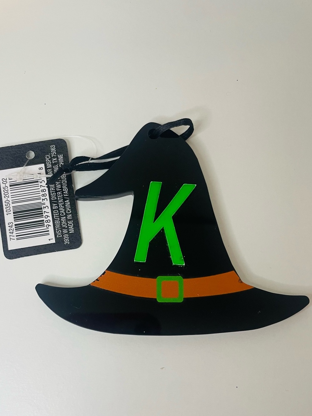 Halloween Witch Hat Ornament - Black with Orange & Green “K” Monogram